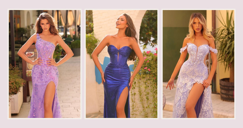 Three snapshots show a girl in a purple prom dress, one in a strapless blue prom dress, and one in a white sparkly prom dress.