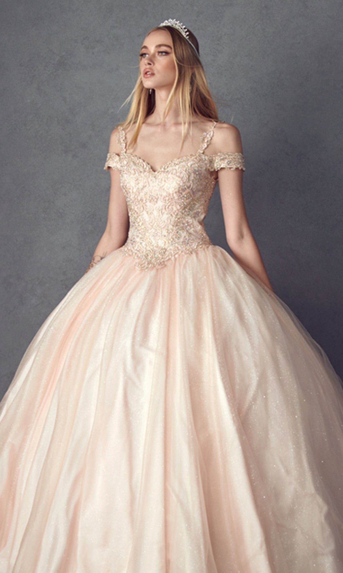 Juliet 1430 Cold-Shoulder Glitter Quinceanera Dress