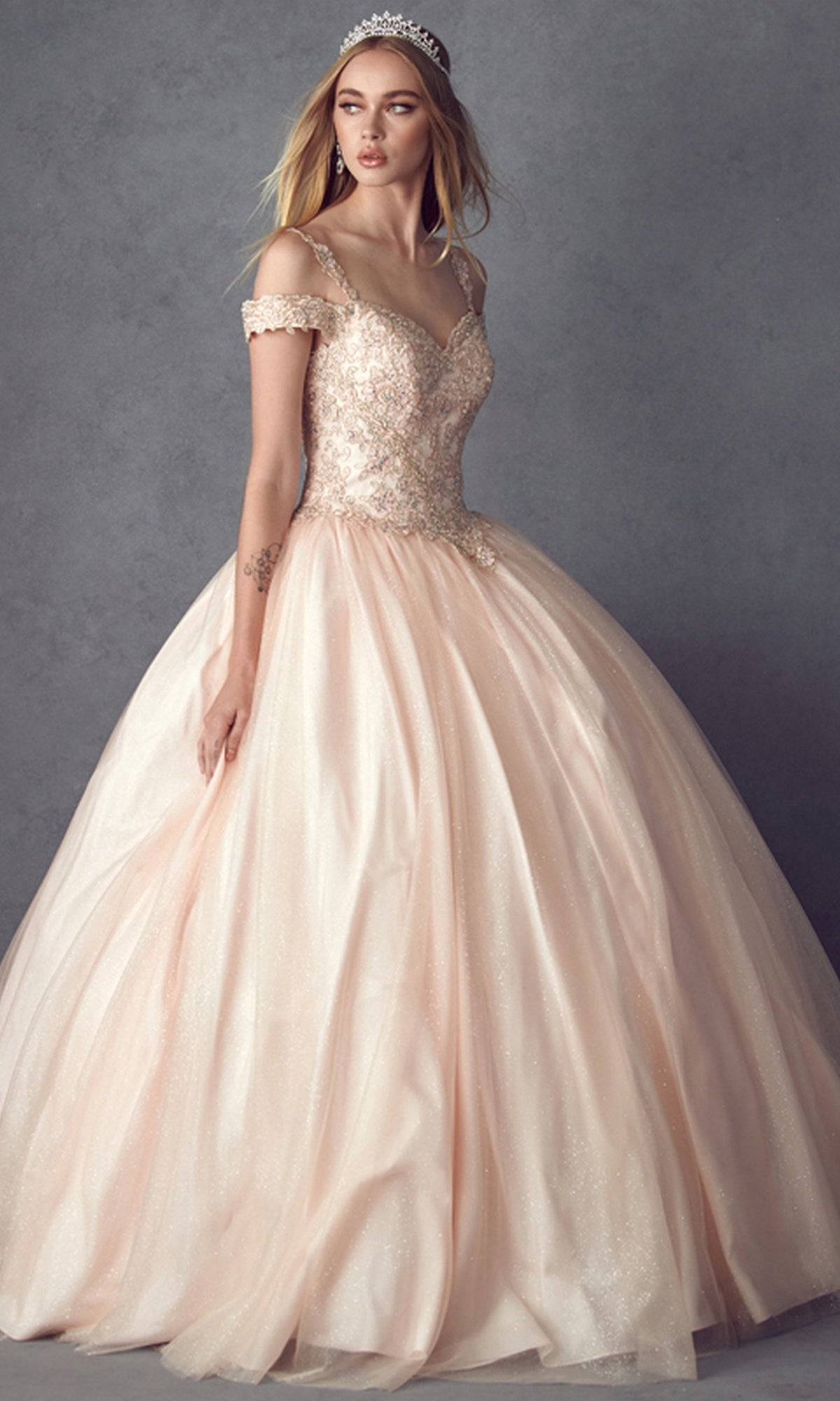 Juliet 1430 Cold-Shoulder Glitter Quinceanera Dress