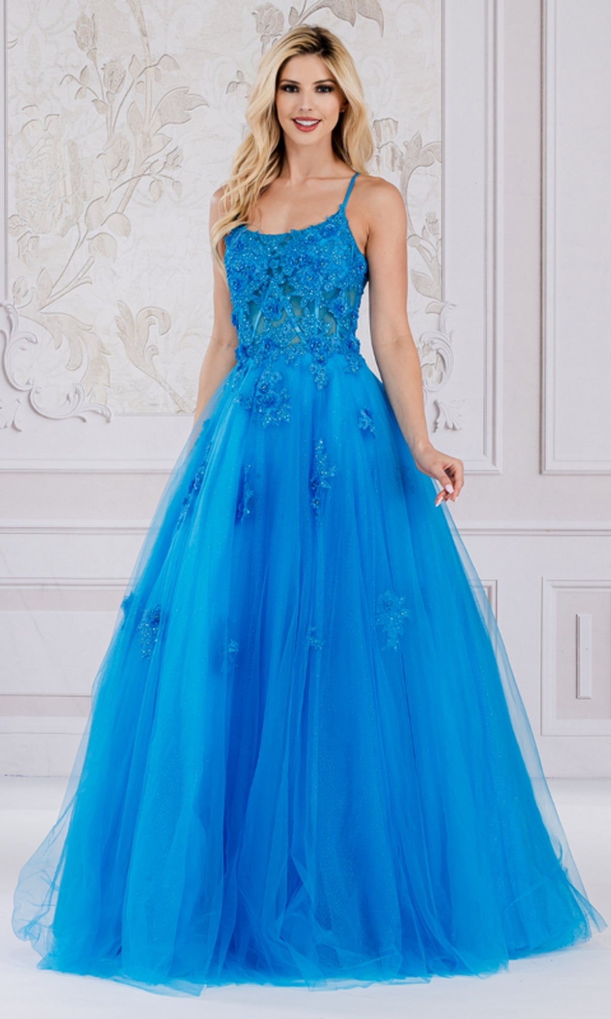 Embroidered-Tulle Long A-Line Prom Ball Gown 7035