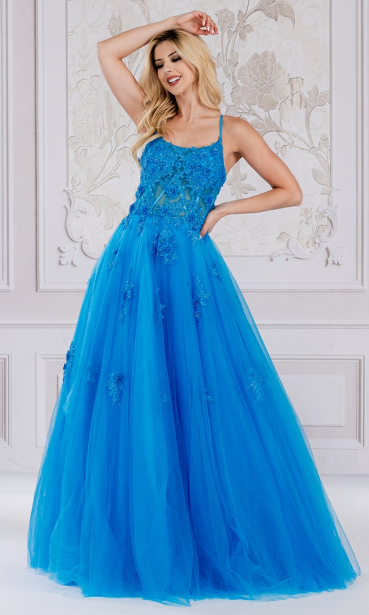Long Tulle Prom Ball Gown with Embroidery - PromGirl