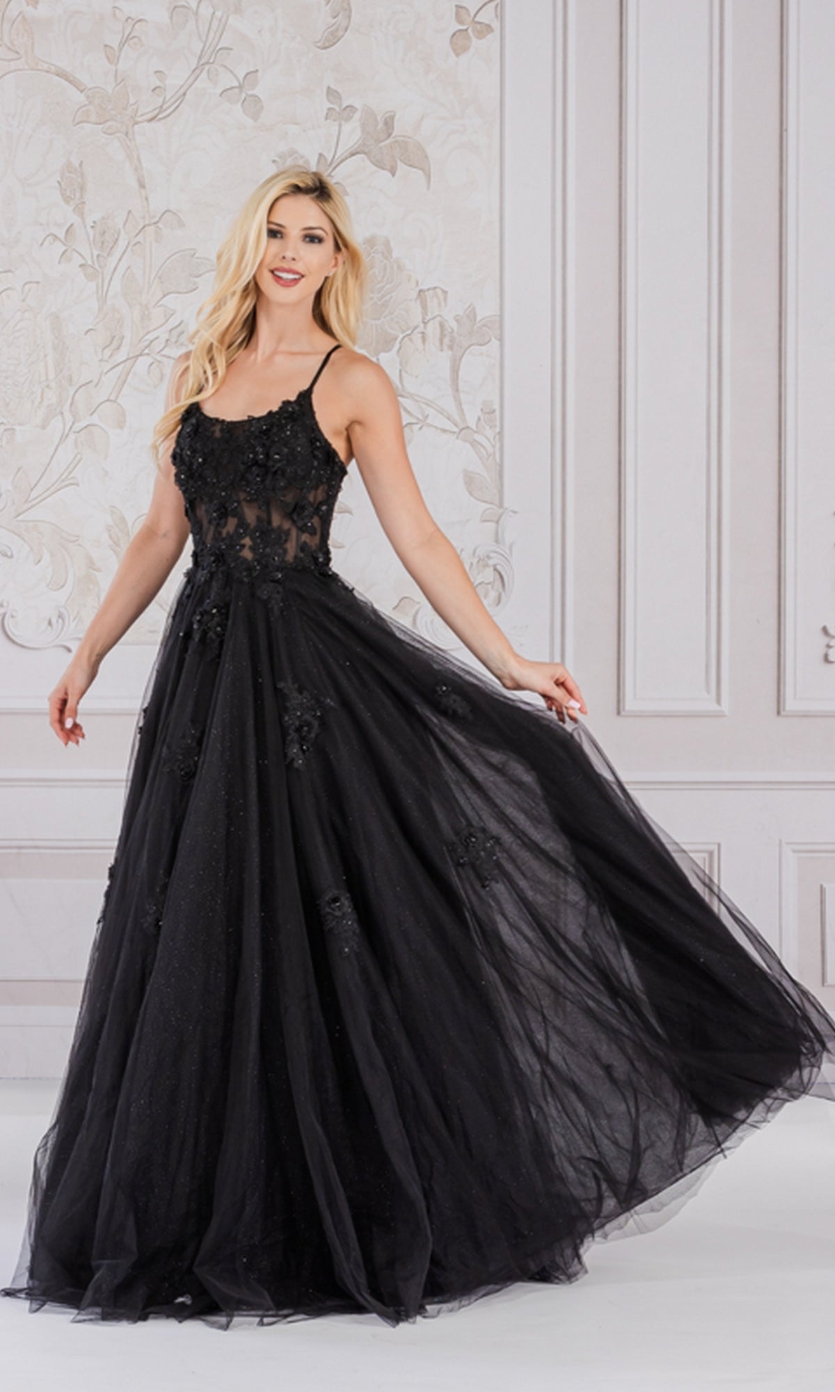 Embroidered-Tulle Long A-Line Prom Ball Gown 7035