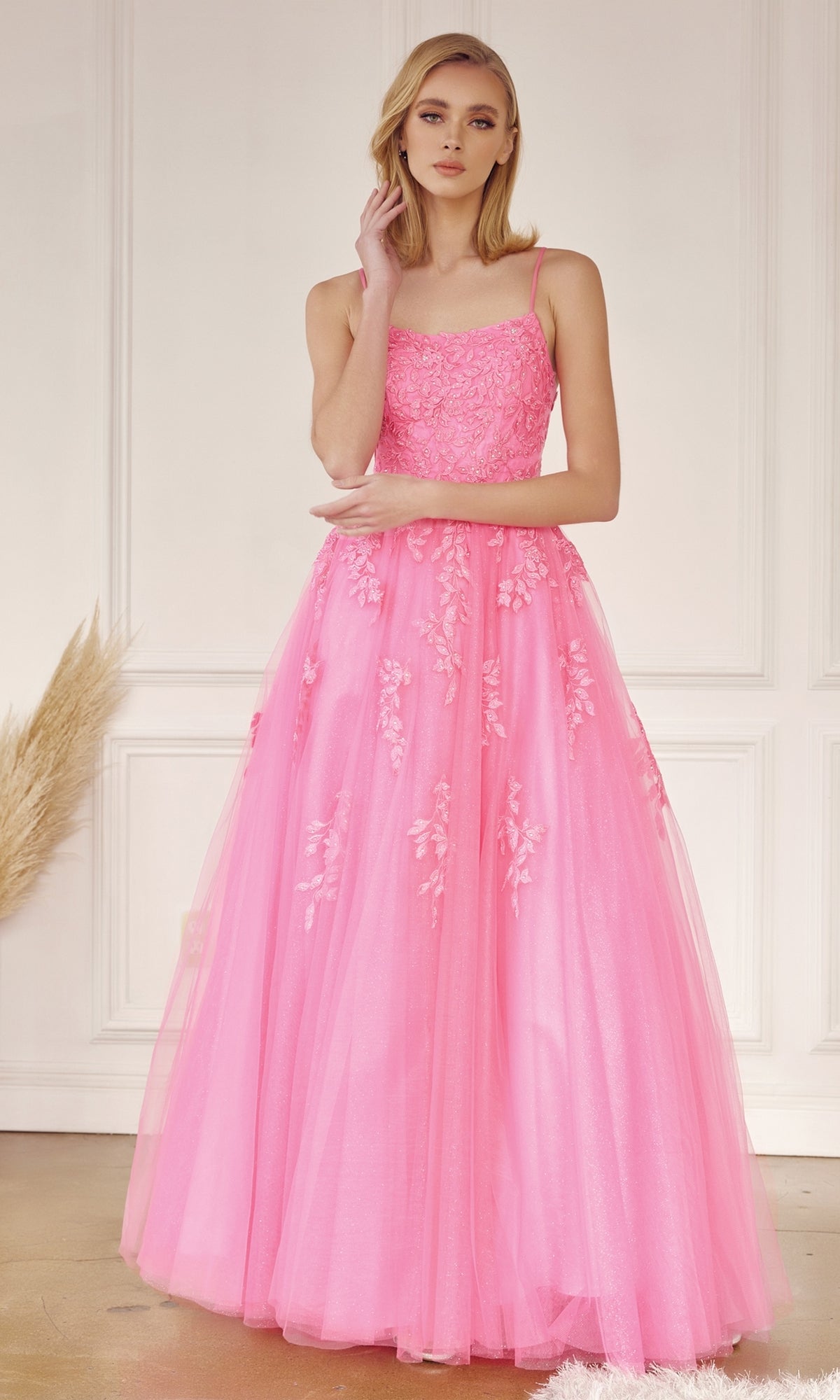 Corset-Back Long Glitter-Tulle Prom Ball Gown 260