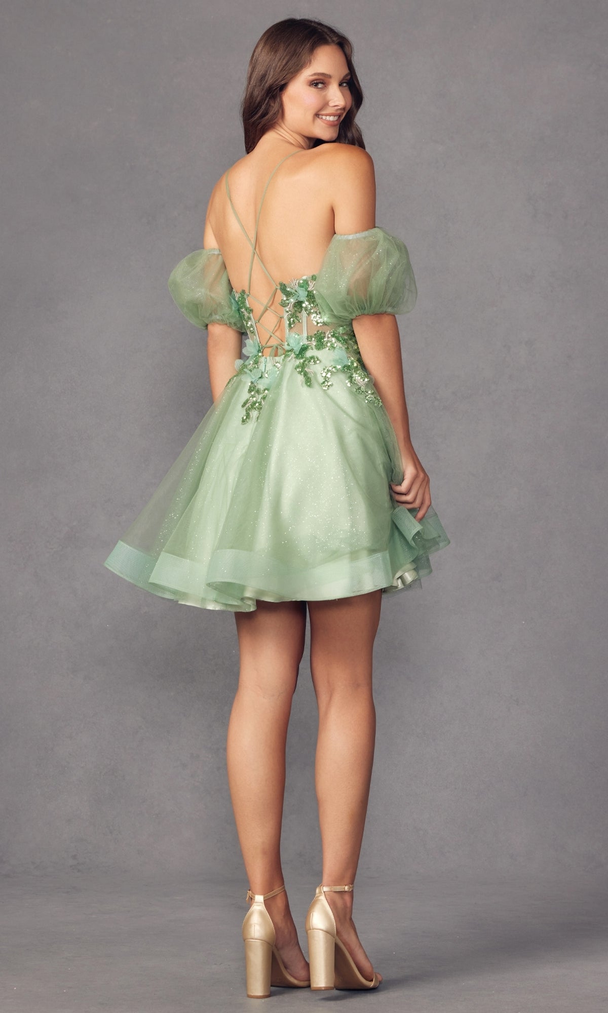 Short Puff-Sleeve Butterfly Homecoming Dress -PromGirl