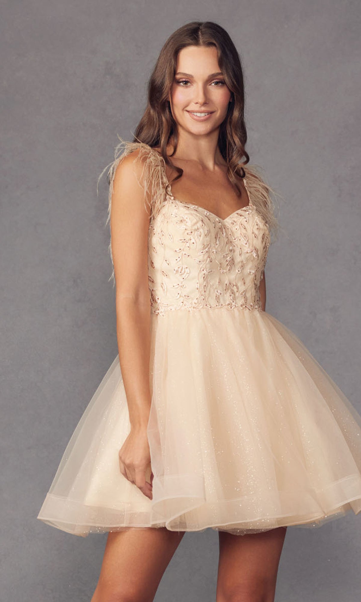 Short Babydoll Homecoming Dress with Feathers 881