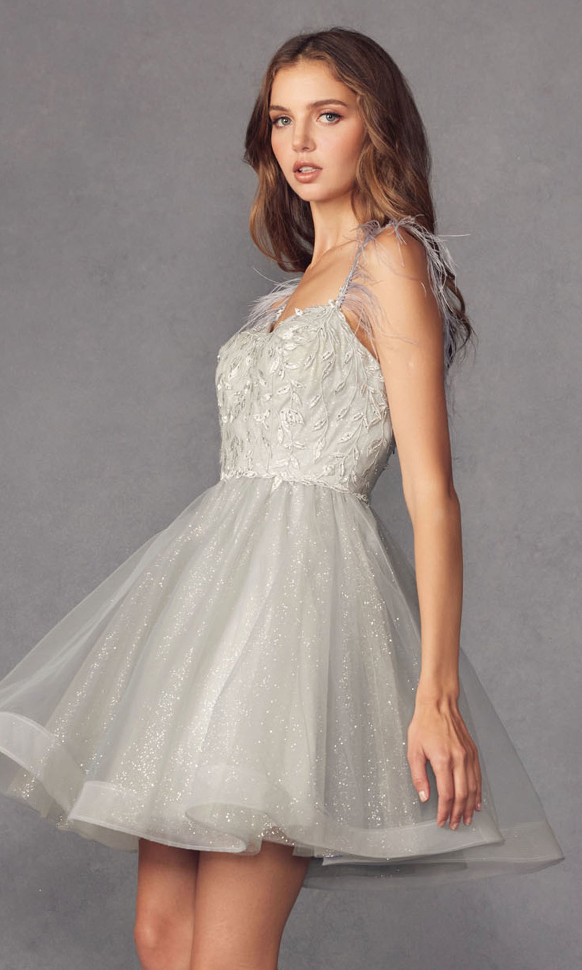 Short Babydoll Homecoming Dress with Feathers 881