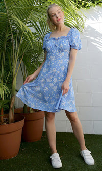 Blue Floral Short-Sleeve Casual Dress FGDR22L06