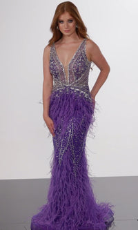 Jovani Sheer-Bodice Long Prom Dress with Feathers