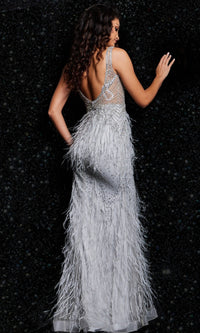 Jovani Sheer-Bodice Long Prom Dress with Feathers