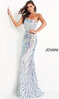 Jovani One-Shoulder Long Sequin-Print Prom Dress