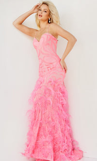 Jovani Sequin-Print Long Feather Prom Dress 07425