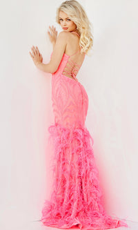 Jovani Sequin-Print Long Feather Prom Dress 07425