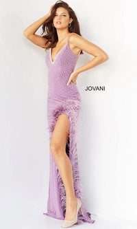 Jovani Feather-Trim Long Beaded Prom Dress 08283