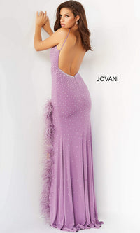 Jovani Feather-Trim Long Beaded Prom Dress 08283