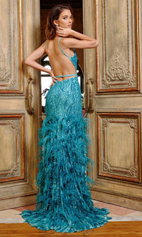 Jovani Feather-Trim Long Sequin Prom Dress 08340