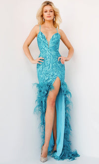 Jovani Feather-Trim Long Sequin Prom Dress 08340