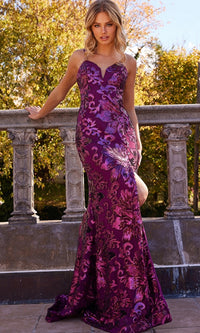 Jovani Long V-Neck Sequin-Print Prom Dress 08459