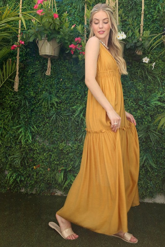 Long Yellow Tiered Casual Maxi Dress FGDR22L015