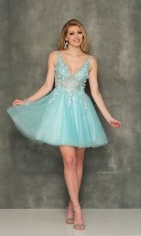 Sheer-Bodice Dave & Johnny Short Homecoming Dress