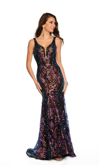 Dave and Johnny Long Sequin-Print Prom Dress 11006