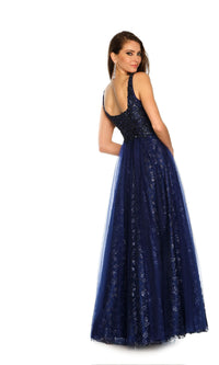 Dave and Johnny Navy Long Glitter Prom Dress 11008