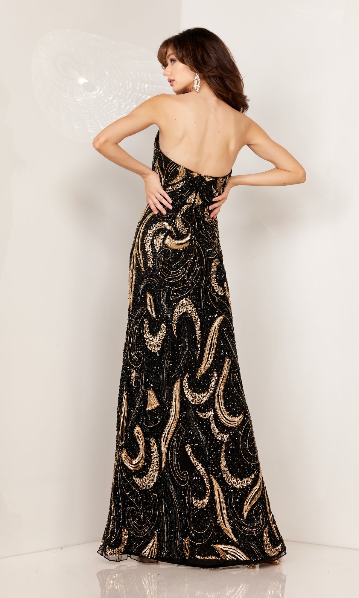 Sequin-Print Strapless Long Prom Dress