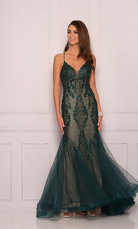 Dave and Johnny Long Emerald Green Prom Dress 11092