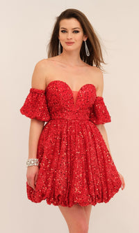 Short-Sleeve Short Red Sequin Party Dress 11186