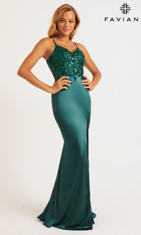 Sequin-Bodice Long Prom Dress: Faviana 11200