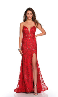 Dave and Johnny Long Red Corset Formal Dress 11203