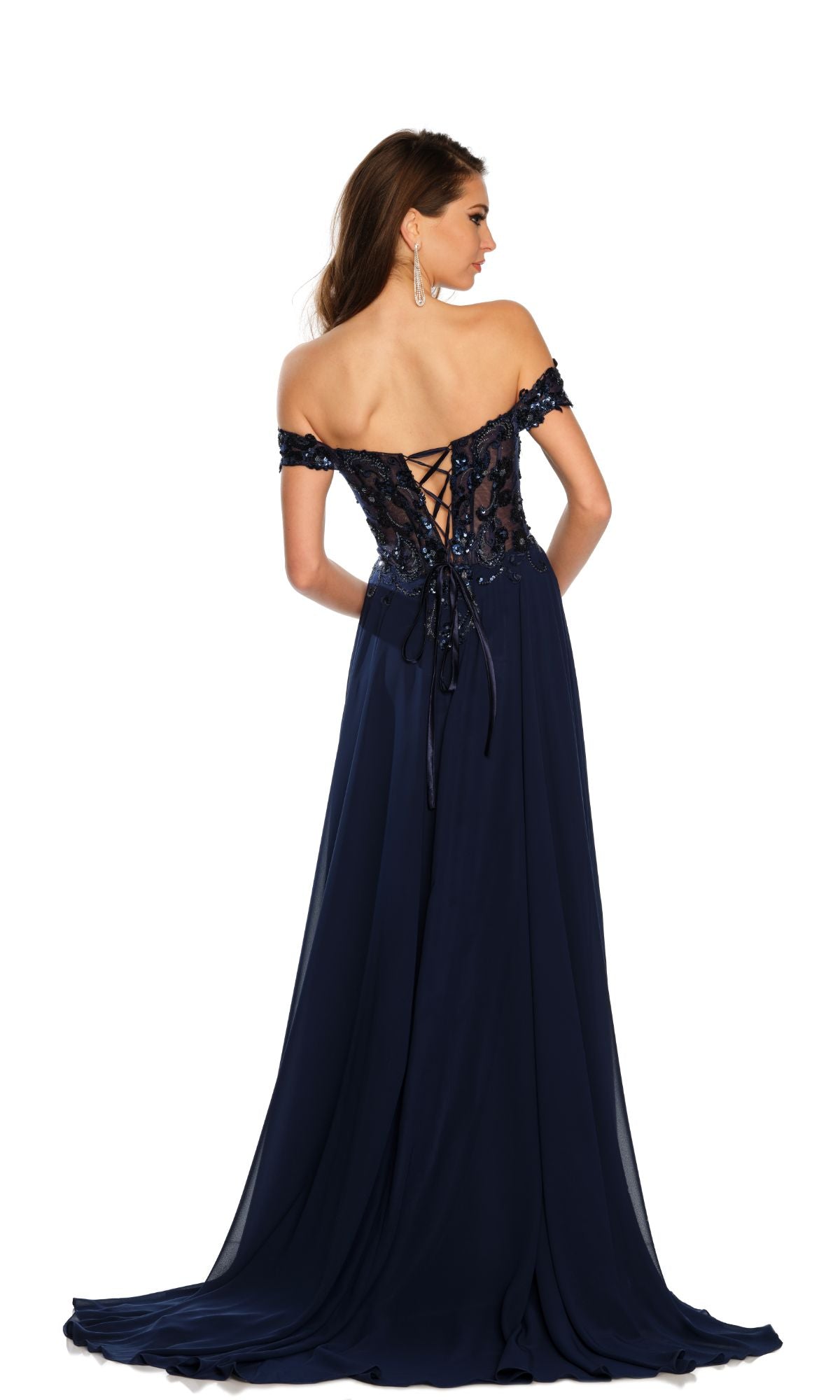 Dave and Johnny Off-Shoulder Navy Prom Dress 11242