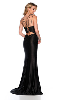 Strappy-Back Long Beaded Black Prom Dress 11503