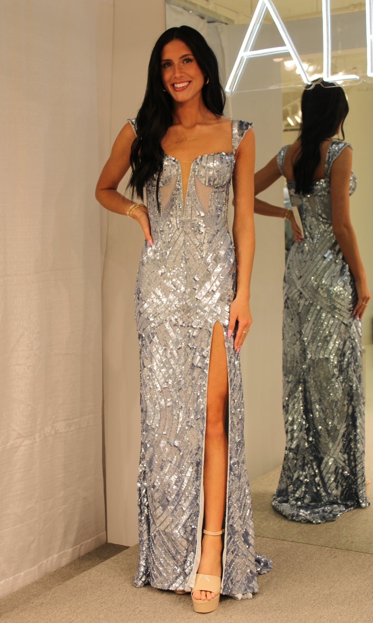 Cap-Sleeve Long Sequin Prom Dress 1173