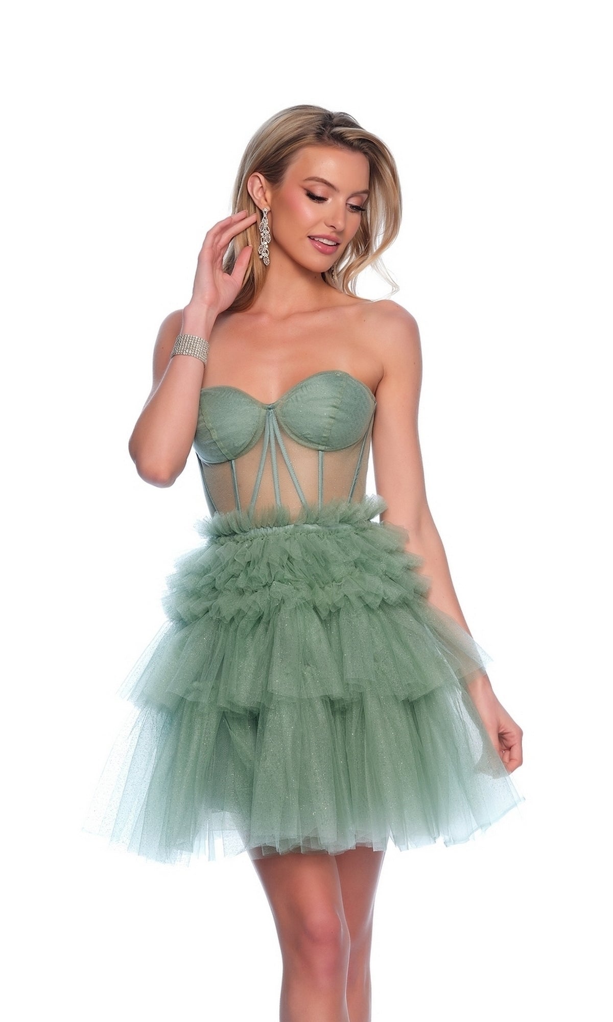 Dave & Johnny Short Green Ruffle Hoco Dress 11826