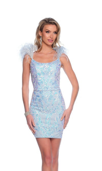 Feather Short Blue Hoco Dress: Dave & Johnny 11974