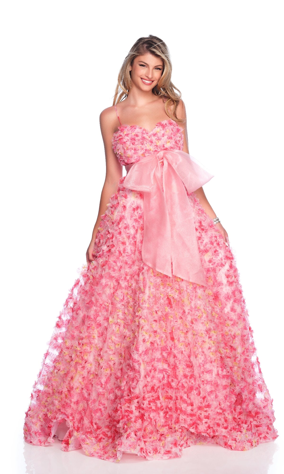 Pink Print Bow Prom Ball Gown: Dave & Johnny 12136