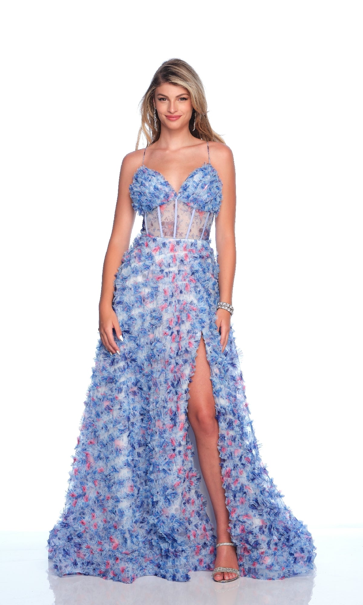 Mini-Ruffle Print Prom Dress: Dave & Johnny 12140