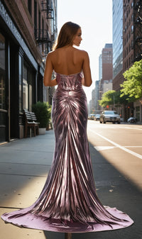 Strapless Metallic Prom Dress: Dave & Johnny 12160