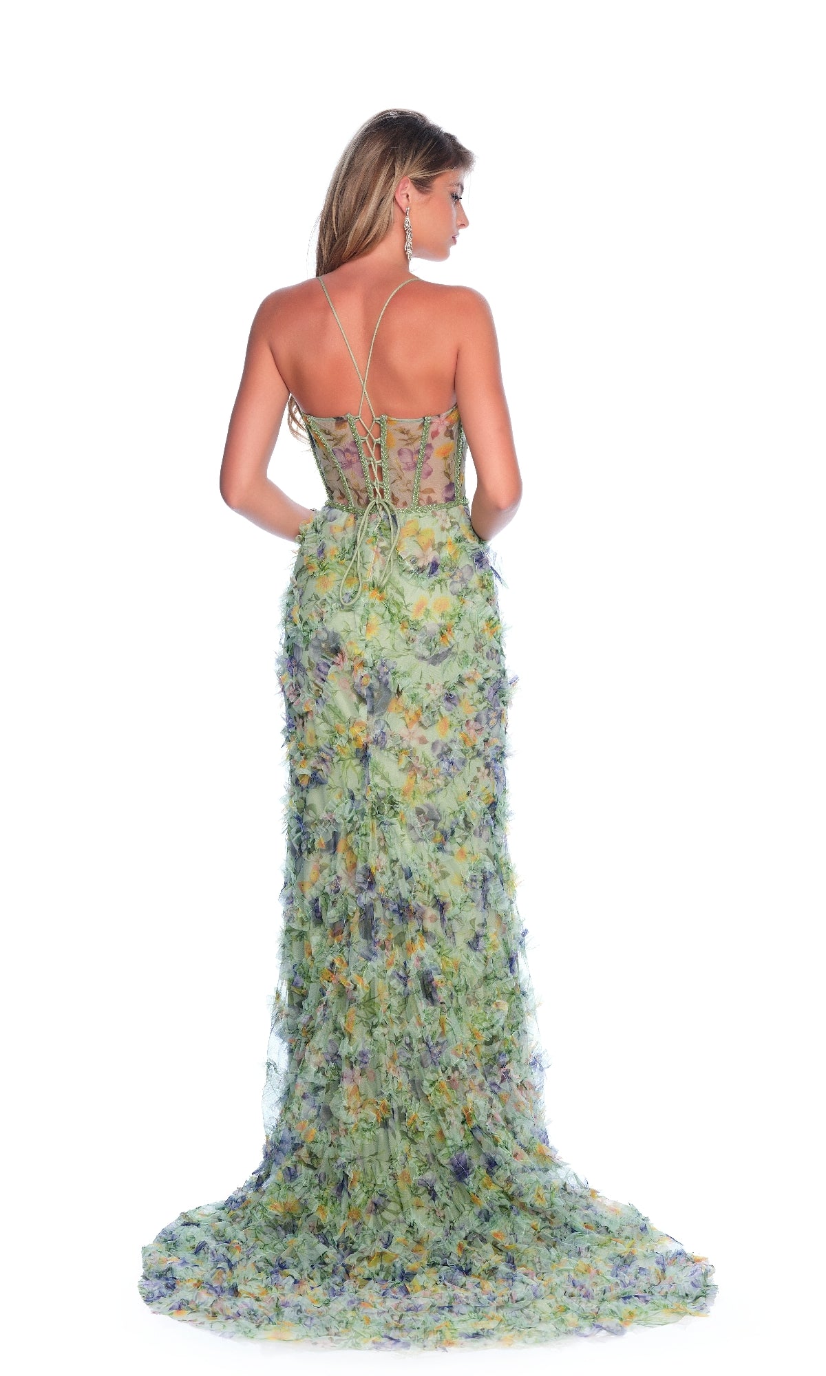 Green Floral-Print Prom Dress: Dave & Johnny 12327