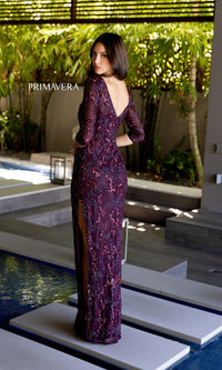 Sleeved Long Beaded Formal Dress: Primavera 13116