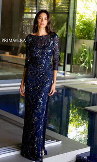 Sleeved Long Beaded Formal Dress: Primavera 13116