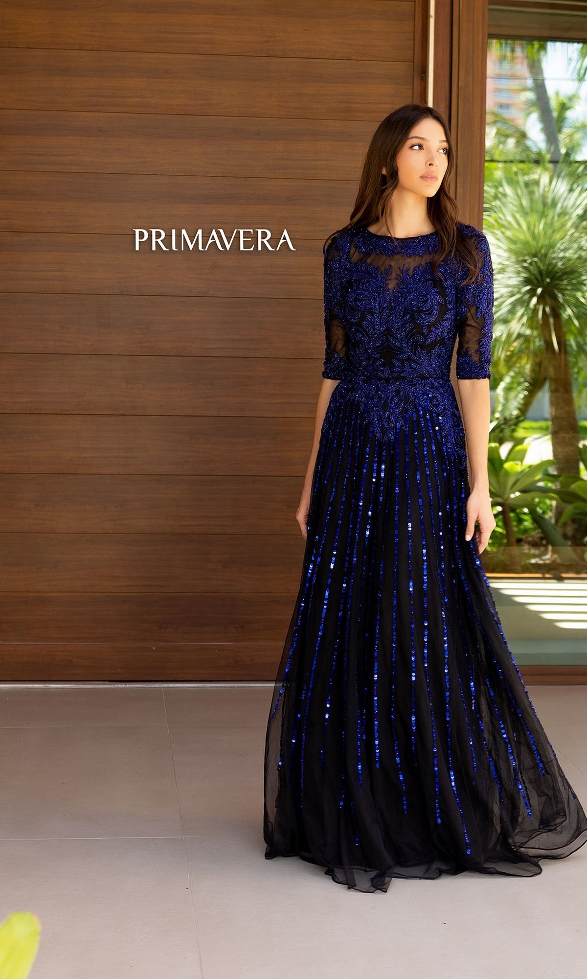 Modest Long Beaded Prom Dress: Primavera 13120