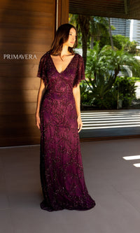 Cape-Sleeve Beaded Formal Dress: Primavera 13124