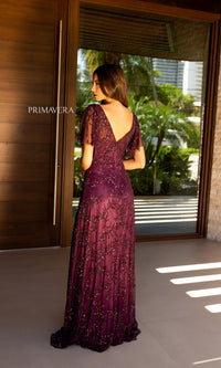 Cape-Sleeve Beaded Formal Dress: Primavera 13124