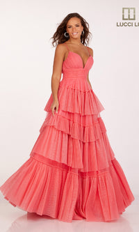 Tiered Ruffled Glitter Prom Dress: Lucci Lu 1357