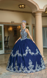 High-Neck Navy Quinceanera Dress 1607