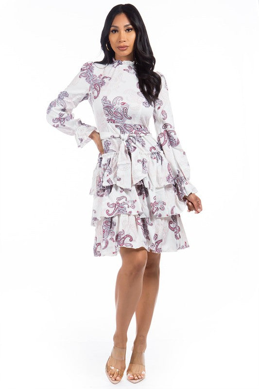 Long Sleeve Short Print Ruffle Party Dress D089A-2