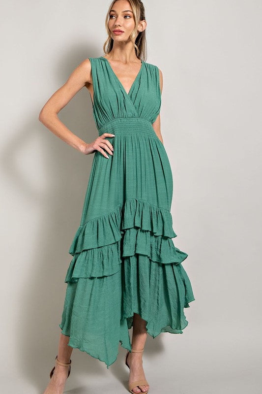 Sleeveless V-Neck Tiered Casual Maxi Dress