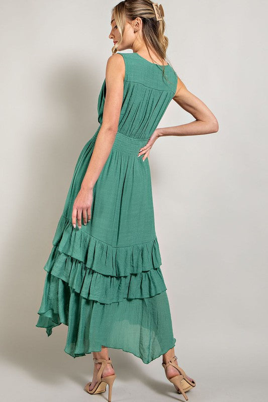 Sleeveless V-Neck Tiered Casual Maxi Dress