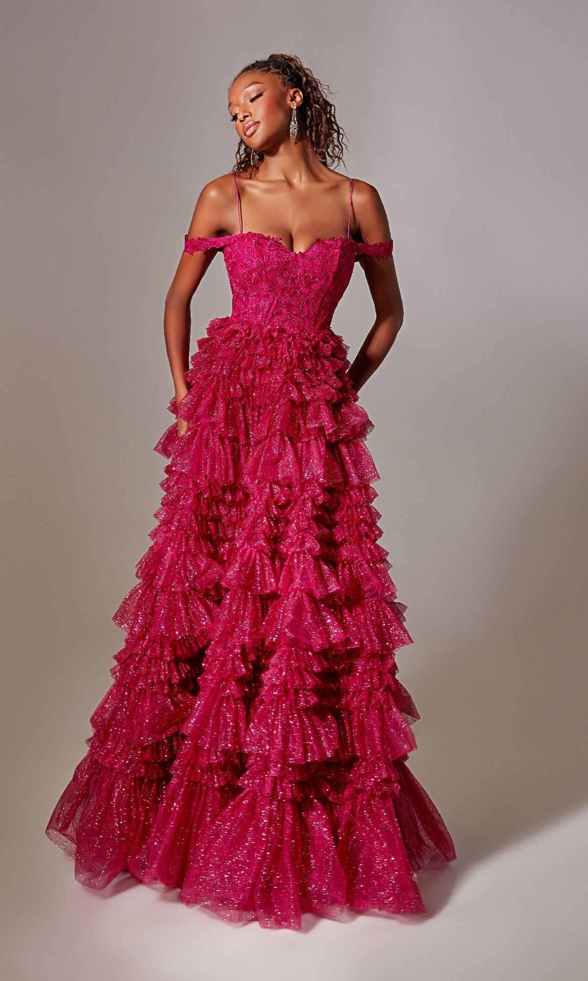 Raspberry Pink Long Glitter Prom Dress with Ruffles